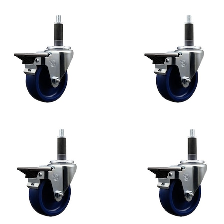 Service Caster 4'' Solid Poly Swivel 1'' Expanding Stem Caster Set with Brake, 4PK SCC-EX20S414-SPUS-PLB-1-4